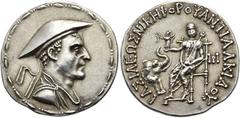 BAKTRIEN Antialkidas Nikephoros, ca. 120 - 100 v. Chr. Tetradrachme im attischen Gewichtsstandard ø 33mm (17,05g). Vs.: Drapierte Büste mit Diadem und Kausia n. r. Rs.: ΒΑΣΙΛΕΩΣ ΝΙΚΗΦΟΡΟΥ ΑΝΤΙΑΛΚΙΔΟΥ,