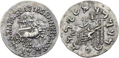 INDO-SKYTHEN Maues, ca. 85 - 70 v. Chr. Tetradrachme im indischen Gewichtsstandard ø 28mm (8,27g). Vs.: ΒΑΣΙΛΕΩΣ ΒΑΣΙΛΕΩΝ ΜΕΓΑΛΟΥ / ΜΑΥΟΥ, Helios mit Strahlenkrone und Zepter in einer von Nike mit Ken