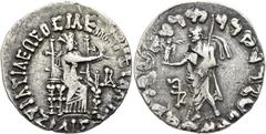 INDO-SKYTHEN Azilises, ca. 70 - 60 v. Chr. Tetradrachme im indischen Gewichtsstandard ø 28mm (9,68g). Vs.: ΒΑΣΙΛΕΩΣ ΒΣΙΛΕΩΝ (sic!) ΜΕΓΑΛΟΥ / ΑΖΙΛΙΣΟΥ, thronende Göttin mit Mauerkrone und Kultobjekt in