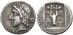 GRIECHEN LYKIEN Masikytes. Hemidrachme ø 15mm (1,84g). ca. 48 - 23 v. Chr. Vs.: Apollonkopf n. l. Rs.: Lyra zwischen M-A, r. im Feld Dreifuß, l. Kerykeion. Troxell 158; Müseler XI 54. Dunkle Tönung, g