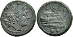 RÖMER RÖMISCHE REPUBLIK Anonym, 217 - 215 v. Chr. AE Sextans ø 31mm (26,70g). Mzst. Rom. Vs.: Kopf des Merkur mit geflügeltem Petasos n. r., dahinter zwei Punkte. Rs.: Prora n. r., darüber ROMA, darun