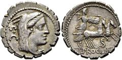 RÖMER RÖMISCHE REPUBLIK L. Procilius, 80 v. Chr. Denar ø 19mm (3,80g). Mzst. Rom. Vs.: S C, Kopf der Iuno Sospita mit Ziegenfell n. r. Rs.: L PROCILI F, Iuno Sospita mit Schild u. Lanze in Biga n. r.,