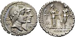 RÖMER RÖMISCHE REPUBLIK Q. Fufius Calenus und P. Mucius Cordus Scaevola, 70 v. Chr. Denar ø 20mm (3,80g). Mzst. Rom. Vs.: HO - VIRT (teilweise in Ligatur) / KALENI, gestaffelte Köpfe des Honos mit Kra