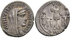 RÖMER RÖMISCHE REPUBLIK L. Aemilius Lepidus Paullus, 62 v. Chr. Denar ø 19mm (3,93g). Mzst. Rom. Vs.: PAVLLVS LEPIDVS / CONCORDIA, Kopf der Concordia capite velato mit Stephane n. r. Rs.: TER / PAVLLV