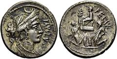 RÖMER RÖMISCHE REPUBLIK Faustus Cornelius Sulla, 56 v. Chr. Denar ø 20mm (3,17g). Mzst. Rom. Vs.: FAVSTVS, drapierte Büste der Luna mit Stephane u. Mondsichel auf dem Kopf n. r., dahinter Lituus. Rs.: