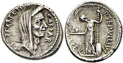 RÖMER RÖMISCHE REPUBLIK P. Sepullius Macer und C. Iulius Caesar, 44 v. Chr. Denar ø 18mm (3,78g). Mzst. Rom. Vs.: CAESAR / DICT PERPETVO, Kopf Caesars mit Lorbeerkranz capite velato n. r. Rs.: P SEPVL