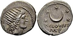 RÖMER RÖMISCHE REPUBLIK P. Clodius, 42 v. Chr. Denar ø 19mm (3,86g). Mzst. Rom. Vs.: Kopf des Sol mit Strahlenkrone n. r., dahinter Köcher. Rs.: P CLODIVS / M F, Mondsichel u. fünf Sterne. Cr. 494/21;