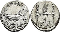 RÖMER RÖMISCHE REPUBLIK Marcus Antonius, 32 - 31 v. Chr. Denar ø 18mm (3,64g). Mzst. mit Marc Anton ziehend (Patras?). Vs.: ANT AVG / IIIVIR R P C, Kriegsgaleere n. r. Rs.: LEG II, Aquila zwischen zwe