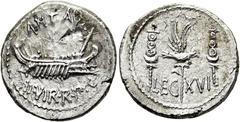 RÖMER RÖMISCHE REPUBLIK Marcus Antonius, 32 - 31 v. Chr. Denar ø 19mm (3,35g). Mzst. mit Marc Anton ziehend (Patras?). Vs.: ANT AVG / IIIVIR R P C, Kriegsgaleere n. r. Rs.: LEG XVI, Aquila zwischen zw