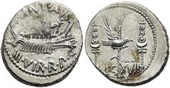 RÖMER RÖMISCHE REPUBLIK Marcus Antonius, 32 - 31 v. Chr. Denar ø 18mm (3,61g). Mzst. mit Marc Anton ziehend. Vs.: ANT AVG / IIIVIR R P C, Kriegsgaleere n. r. Rs.: LEG XVII, Aquila zwischen zwei Standa