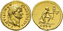 RÖMER RÖMISCHE KAISERZEIT Domitian als Caesar, 69 - 81 n. Chr. Aureus ø 19mm (7,28g). 77 - 78 n. Chr. Mzst. Rom. Vs.: CAESAR AVG F DOMITIANVS, Kopf mit Lorbeerkranz n. r. Rs.: COS V, kniender Parther 