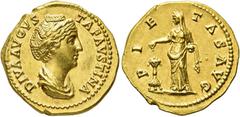 RÖMER RÖMISCHE KAISERZEIT Diva Faustina maior, ab 140 n. Chr. Aureus ø 20mm (7,12g). Geprägt unter Antoninus Pius, 141 - 161 n. Chr. Mzst. Rom. Vs.: DIVA AVGVS-TA FAVSTINA, drapierte Büste n. r. Rs.: 
