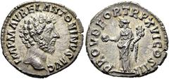 RÖMER RÖMISCHE KAISERZEIT Marcus Aurelius, 161 - 180 n. Chr. Denar ø 18mm (2,99g). 162 n. Chr. Mzst. Rom. Vs.: IMP M AVREL ANTONINVS AVG, Kopf n. r. Rs.: PROV DEOR TR P XVI COS III, Providentia mit Fü