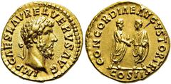 RÖMER RÖMISCHE KAISERZEIT Lucius Verus, 161 - 169 n. Chr. Aureus ø 19mm (6,94g). 161 n. Chr. Mzst. Rom. Vs.: IMP CAES L AVREL VERVS AVG, Kopf mit Lorbeerkranz n. r. Rs.: CONCORDIAE AVGVSTOR TR P / COS