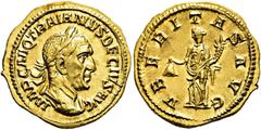 RÖMER RÖMISCHE KAISERZEIT Traianus Decius, 249 - 251 n. Chr. Aureus ø 20mm (4,37g). Mzst. Rom. Vs.: IMP C M Q TRAIANVS DECIVS AVG, Panzerbüste mit Lorbeerkranz n. r. Rs.: VBERITAS AVG, Uberitas mit Ge
