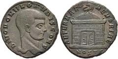 RÖMER RÖMISCHE KAISERZEIT Divus Romulus, ab 309 n. Chr. AE Follis ø 23mm (6,50g). Geprägt unter Maxentius, 310 - 312 n. Chr. Mzst. Ostia. Vs.: DIVO ROMVLO N V BIS CONS, Kopf n. r. Rs.: AETERNAE MEMORI