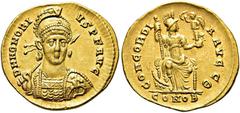 RÖMER RÖMISCHE KAISERZEIT Honorius, 393 - 423 n. Chr. Solidus ø 21mm (4,43g). 395 - 402 n. Chr. Mzst. Konstantinopel. Vs.: D N HONORI-VS P F AVG, frontale Panzerbüste, Kopf leicht n. r., mit Helm, Per