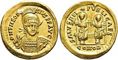RÖMER RÖMISCHE KAISERZEIT Theodosius II., 408 - 450 n. Chr. Solidus ø 21mm (4,35g). 425 - 430 n. Chr. Mzst. Konstantinopel. Vs.: D N THEODO-SIVS P F AVG, frontale Panzerbüste, Kopf leicht n. r., mit H