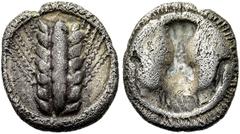 GRIECHEN LUKANIEN. METAPONT Triobol ø 12mm (1,23g). ca. 510 - 470 v. Chr. Vs.: Kornähre. Rs.: Ochsenkopf incus. Noe 264 ff.; HN Italy 1487. Herrlich dunkle Tönung, gutes ss Ex Gorny & Mosch Online Auk