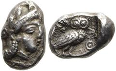 GRIECHEN PALÄSTINA. PHILISTIA (UNBESTIMMTE MÜNZSTÄTTE) AE Diobol ø 11mm (1,35g). 5. Jh. v. Chr. Vs.: Kopf der Athena mit attischem Helm u. Lorbeerkranz im archaischem Stil n. r. Rs.: ΑΘΕ, Eule n. r., 