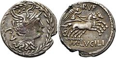 RÖMER RÖMISCHE REPUBLIK. RÖMISCHE REPUBLIK NACH 211 V. CHR M. Lucilius Rufus, 101 v. Chr. Denar ø 20mm (2,93g). Mzst. Rom. Vs.: Kopf der Roma mit Helm im Lorbeerkranz n. r., dahinter PV. Rs.: M LVCILI