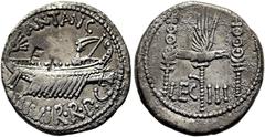 RÖMER RÖMISCHE REPUBLIK. RÖMISCHE REPUBLIK NACH 211 V. CHR Marcus Antonius, 32 - 31 v. Chr. Denar ø 18mm (3,35g). Mzst. mit Marc Anton ziehend. Vs.: ANT AVG IIIVIR R P C, Kriegsgaleere n. r. Rs.: LEG 