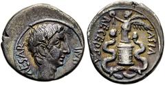 RÖMER RÖMISCHE KAISERZEIT. Augustus, 27 v. Chr. - 14 n. Chr. Quinar ø 15mm (1,58g). 29 v. Chr. Mzst. Ephesos. Vs.: CAESAR IMP VII, Kopf n. r. Rs.: ASIA RECEPTA, Viktoria mit Kranz u. Palmzweig steht n