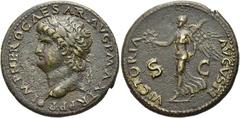 RÖMER RÖMISCHE KAISERZEIT. Nero, 54 - 68 n. Chr. AE Dupondius ø 28mm (13,00g). 66 n. Chr. Mzst. Lugdunum. Vs.: IMP NERO CAESAR AVG P MAX TR P P P, Kopf mit Lorbeerkranz u. Globus n. l. Rs.: VICTORIA A