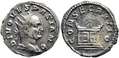 RÖMER RÖMISCHE KAISERZEIT. Divus Vespasianus, ab 79 n. Chr. Antoninian ø 22mm (3,39g). Geprägt unter Traianus Decius, 250 - 251 n. Chr. Mzst. Mediolanum. Vs.: DIVO VESPASIANO, Kopf mit Strahlenkrone n