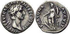 RÖMER RÖMISCHE KAISERZEIT. Nerva, 96 - 98 n. Chr. Denar ø 18mm (3,41g). 97 n. Chr. Mzst. Rom. Vs.: IMP NERVA CAES AVG P M TR P COS III P P, Kopf mit Lorbeerkranz n. r. Rs.: FORTVNA AVGVST, Fortuna fro