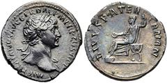 RÖMER RÖMISCHE KAISERZEIT. Trajan, 98 - 117 n. Chr. Denar ø 19mm (2,57g). 112 - 113 n. Chr. Mzst. Rom. Vs.: IMP TRAIANVS AVG GER DAC P M TR P COS VI P P, Büste mit Lorbeerkranz u. Gewand auf l. Schult