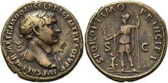 RÖMER RÖMISCHE KAISERZEIT. Trajan, 98 - 117 n. Chr. AE As ø 28mm (8,47g). 106 - 107 n. Chr. Mzst. Rom. Vs.: IMP CAES NERVAE TRAIANO AVG GER DAC P M TR P COS V P P, Büste mit Lorbeerkranz u. Gewand auf