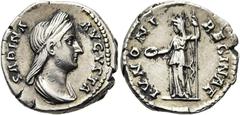 RÖMER RÖMISCHE KAISERZEIT. Sabina, 119(?) - 136/7 n. Chr. Denar ø 18mm (3,23g). 133 - 135 n. Chr. Mzst. Rom. Vs.: SABINA AVGVSTA, drapierte Büste mit Stephane n. r. Rs.: IVNONI REGINAE, Juno mit Pater