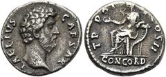 RÖMER RÖMISCHE KAISERZEIT. Aelius Caesar, 137 n. Chr. Denar ø 17mm (2,99g). Mzst. Rom. Vs.: L AELIVS CAESAR, Kopf n. r. Rs.: TR POT COS II / CONCORD, Concordia mit Patera sitzt auf Füllhorn gestützt n