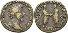 RÖMER RÖMISCHE KAISERZEIT. Marcus Aurelius, 161 - 180 n. Chr. AE Sesterz ø 31mm (24,14g). 162 n. Chr. Mzst. Rom. Vs.: IMP CAES M AVREL ANTONINVS AVG P M, Kopf mit Lorbeerkranz n. r. Rs.: CONCORD AVGVS