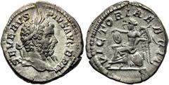 RÖMER RÖMISCHE KAISERZEIT. Septimius Severus, 193 - 211 n. Chr. Denar ø 18mm (3,16g). 210 n. Chr. Mzst. Rom. Vs.: SEVERVS PIVS AVG BRIT, Kopf mit Lorbeerkranz n. r. Rs.: VICTORIAE BRIT, Viktoria sitzt