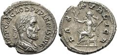 RÖMER RÖMISCHE KAISERZEIT. Pupienus, 238 n. Chr. Denar ø 18mm (3,21g). Mzst. Rom. Vs.: IMP C M CLOD PVPIENVS AVG, drapierte Panzerbüste mit Lorbeerkranz n. r. Rs.: PAX PVBLICA, Pax mit Zepter u. Zweig