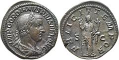 RÖMER RÖMISCHE KAISERZEIT. Gordian III., 238 - 244 n. Chr. AE Sesterz ø 31mm (24,61g). 243 - 244 n. Chr. Mzst. Rom. Vs.: IMP GORDIANVS PIVS FEL AVG, drapierte Panzerbüste mit Lorbeerkranz n. r. Rs.: F