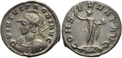 RÖMER RÖMISCHE KAISERZEIT. Probus, 276 - 282 n. Chr. Antoninian ø 24mm (3,98g). 278 n. Chr. Mzst. Ticinum. Vs.: VIRTVS PROBI AVG, Panzerbüste mit Helm, Strahlenkrone, Speer u. Schild n. l. Rs.: CONSER