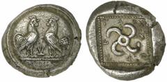 GRIECHEN LYKIEN. DYNASTEN. Teththiveibi Stater (8,44g). 450 / 420 v. Chr. Vs.: Zwei gegenständige Hähne auf einem gewölbten Schild. Dazwischen Zeichen. Rs.: "tetthiweibi", Tetraskeles in vertieftem Qu