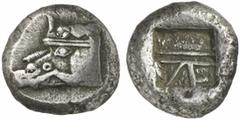 GRIECHEN LYKIEN. PHASELIS. Stater (10,96g). ca. 530 - 480 v. Chr. Vs.: Schiffsbug mit Eberprotome n. l. Rs.: Quadratisches Incusum mit zwei Querlinien und angesetztem Winkel. Heipp-Tamer 37 ­ 40 (Vs. 