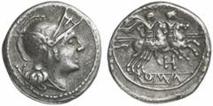 RÖMER RÖMISCHE REPUBLIK. H, 211 - 210 v. Chr. Quinar (2,14g). Mzst. in Südostitalien. Vs.: Kopf der Roma n. r., dahinter V. Rs.: ROMA, die Dioskuren mit Lanzen zu Pferde n. r., darunter H. Cr. 85/1a; 