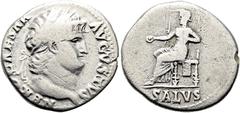 RÖMER RÖMISCHE KAISERZEIT. Nero, 54 - 68 n. Chr. Denar ø 18mm (2,97g). 64 - 66 n. Chr. Mzst. Rom. Vs.: NERO CAESAR AVGVSTVS, Kopf mit Lorbeerkranz n. r. Rs.: SALVS, Salus thront mit Patera n. l. RIC 6