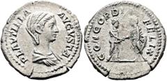RÖMER RÖMISCHE KAISERZEIT. Plautilla, 202 - 205 n. Chr. Denar ø 19mm (2,86g). 202 n. Chr. Mzst. Rom. Vs.: PLAVTILLA AVGVSTA, drapierte Büste n. r. Rs.: CONCORDIA FELIX, Plautilla u. Caracalla bei dext