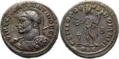 RÖMER RÖMISCHE KAISERZEIT. Constantius I. Chlorus, 305 - 306 n. Chr. AE Follis ø 28mm (11,31g). 301 - 303 n. Chr. Mzst. Lugdunum. Vs.: VIRTVS CONSTANTI NOB CS, drapierte Panzerbüste mit Helm, Strahlen