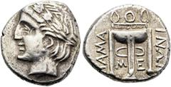 GRIECHEN ILLYRIEN. DAMASTION. Tetradrachme ø 20mm (8,06g). ca. 350 - 340 v. Chr. Vs.: Kopf des Apollon mit Lorbeerkranz n. l. Rs.: Dreifuß, zwischen den Beinen M-E, seitlich ΔΑΜΑ/[ΣΤ]ΙΝΩΝ. May, Damast