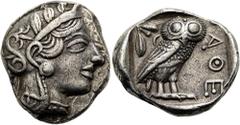 GRIECHEN ATTIKA. ATHEN. Tetradrachme ø 25mm (16,93g). 420 - 405 v. Chr. Vs.: Kopf der Athena mit verziertem u. bekränztem attischen Helm n. r. Rs.: ΑΘΕ, Eule n. r., Kopf in Vorderansicht, im Feld l. o