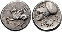 GRIECHEN KORINTH. KORINTH. Stater ø 21mm (8,57g). 345 - 307 v. Chr. Vs.: Pegasos fliegt n. l., darunter Koppa. Rs.: Kopf der Athena mit korinthischem Helm n. l., dahinter N in Ährenkranz. Calciati, Pe
