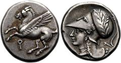 GRIECHEN KORINTH. KORINTH. Stater ø 21mm (8,58g). 345 - 307 v. Chr. Vs.: Pegasos n. l. fliegend, darunter Koppa. Rs.: Kopf der Athena mit korinthischem Helm n. l., Lorbeerkranz mit Abzweigung, davor A