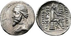 GRIECHEN PARTHER. ARSAKIDEN. Artabanos III., 126 - 122 v. Chr. Drachme ø 20mm (3,77g). Vs.: Drapierte, bärtige Büste mit Diadem u. Torques n. l. Rs.: ΒΑΣΙΛΕΩΣ ΜΕΓΑΛΟΥ / ΑΡΣΑΚΟΥ ΘΕΟΠΑΤΟΡΟΣ, Bogenschütz